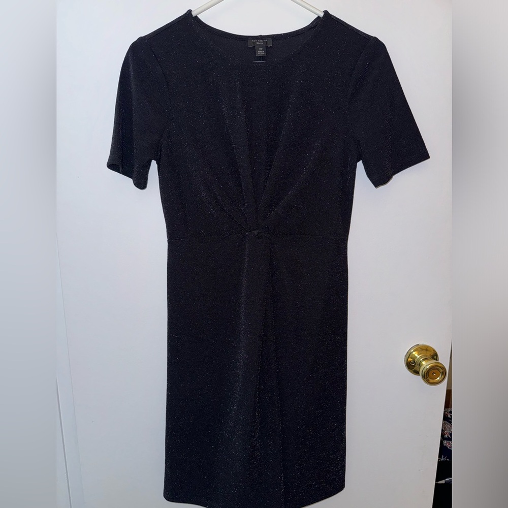 Black Ann Taylor Factory Sparkle Twist Short Sleeve Dress, xsp petite